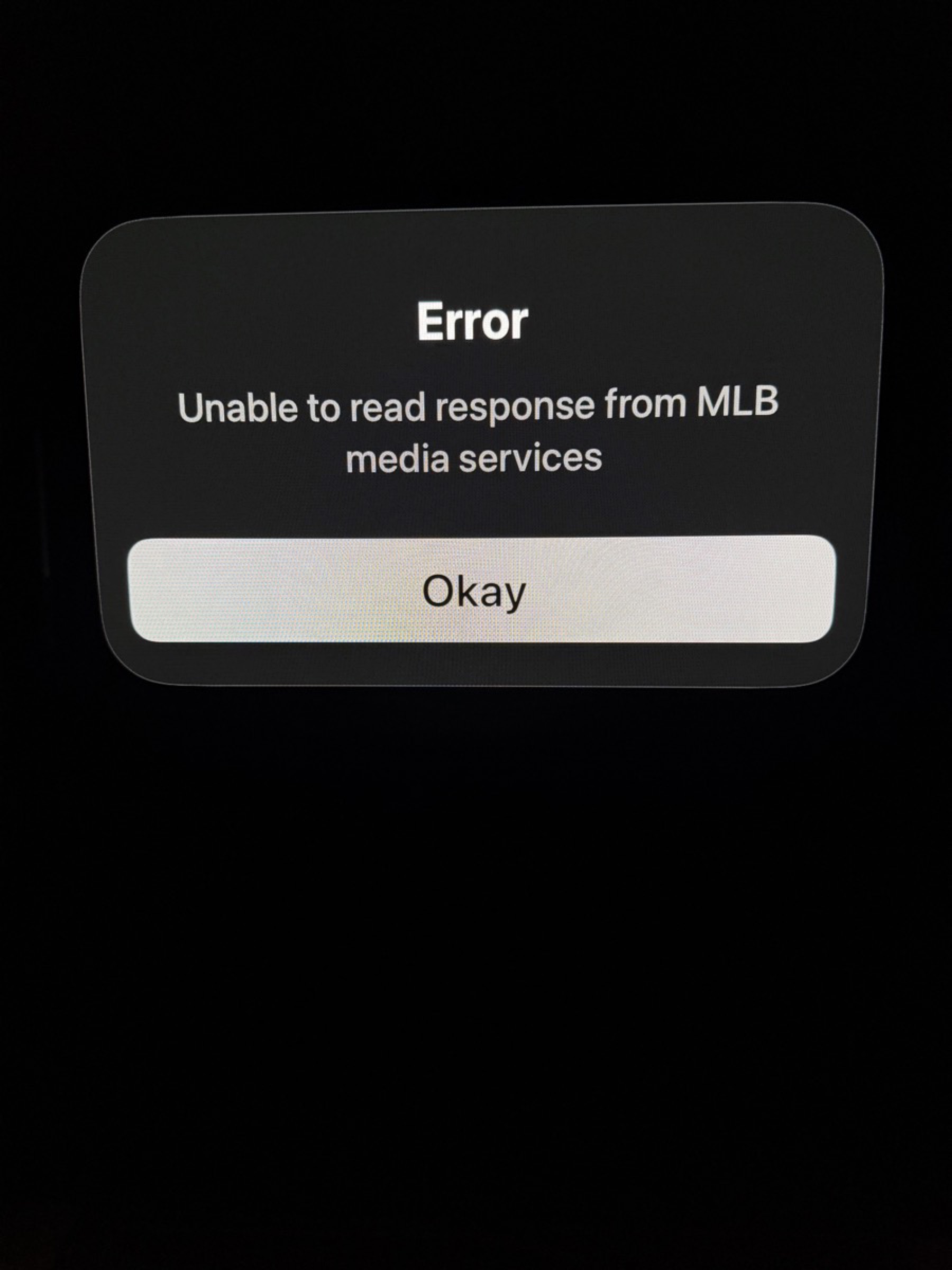 MLB app showing 'Error Showing Content. Please Try Again.'